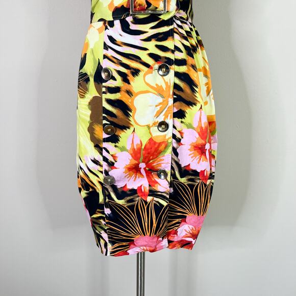 Cache | 90s Vintage Tropical Animal Print Double Breasted Belted Sheath Dress 8 - Picture 4 of 10